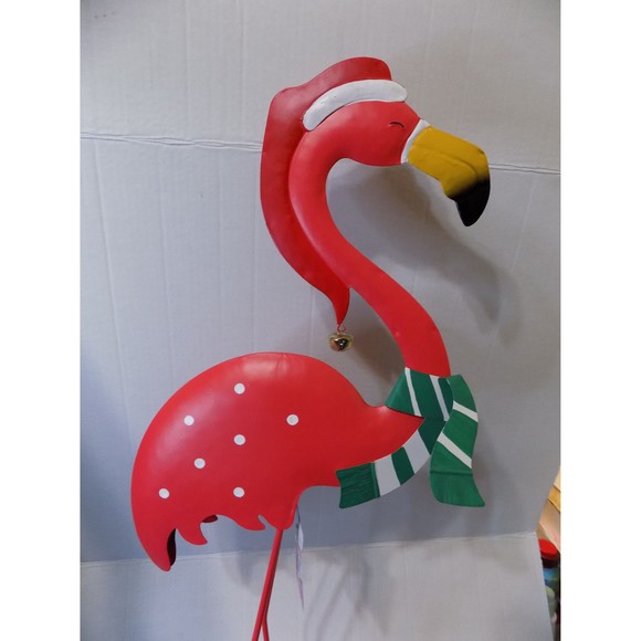 NEW Christmas Metal Flamingo Statue Figurine Florida Coastal Decor - Picture 5 of 9